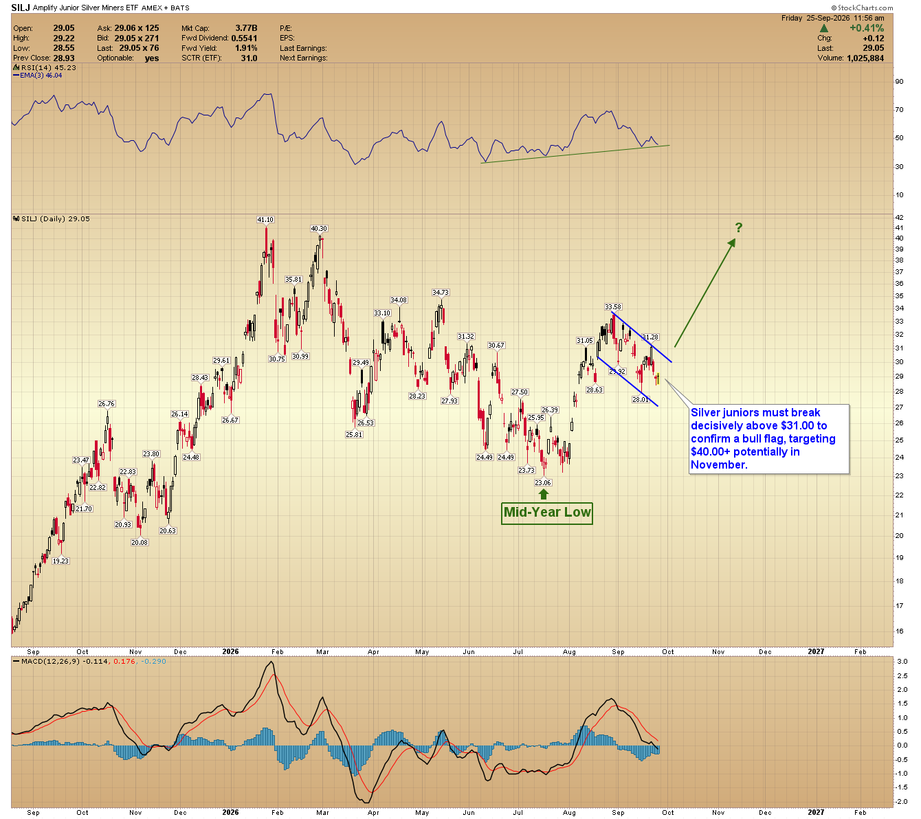 Daily candlestick chart of Amplify Junior Silver Miners ETF (SILJ) consolidating at $29.05 inside a downward-sloping channel off its $33.58 peak, well above the $23.06 mid-year low.