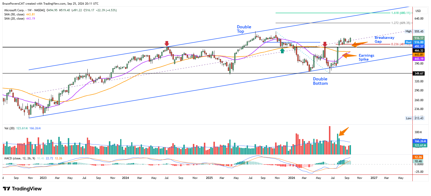 Gráfico semanal de MSFT muestra señal de reversión alcista por doble suelo reciente, seguida de consolidación.