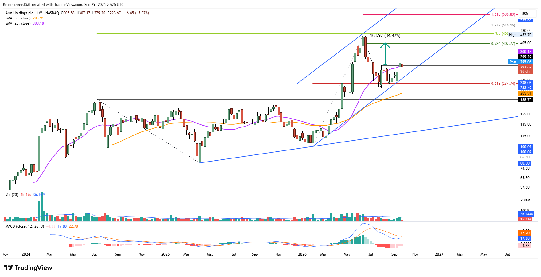 ARM weekly chart shows signs of strength following a higher swing low.