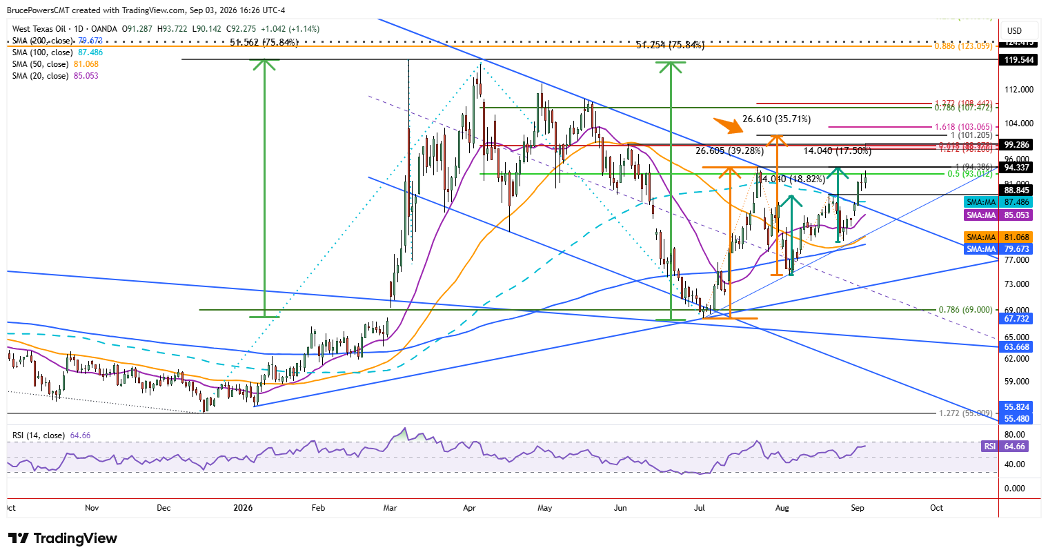 WTI spot crude oil daily chart shows larger trend. 
