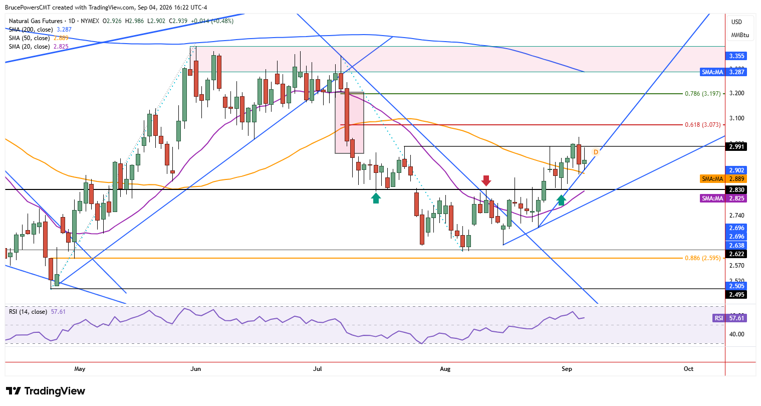 Natural gas daily chart shows it holding above the 50-day moving average.