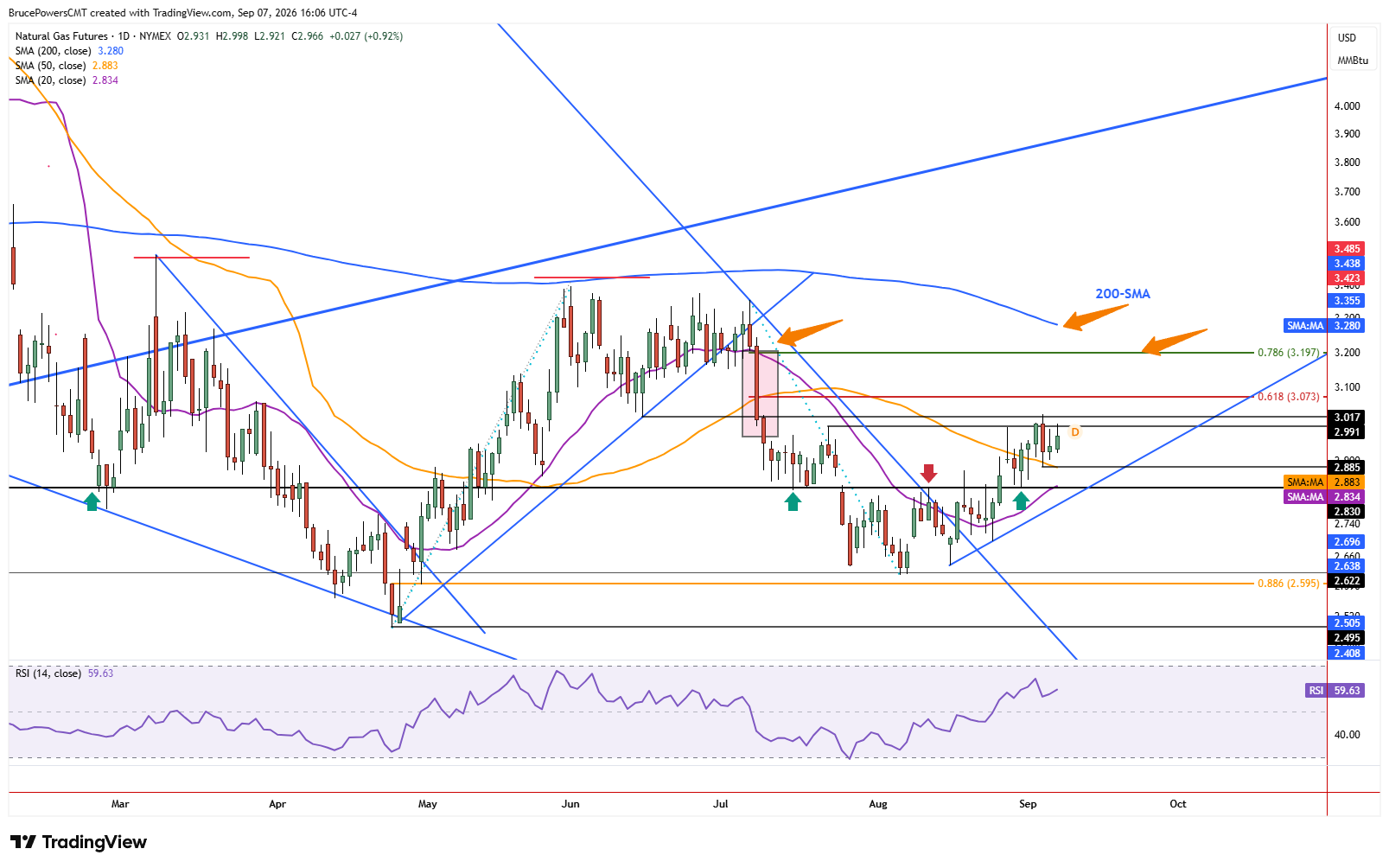 Daily candlestick chart for Natural Gas futures showing price at 2.966 with 20, 50, and 200 SMAs, Fibonacci retracement levels, trend lines, and RSI at 59.63.