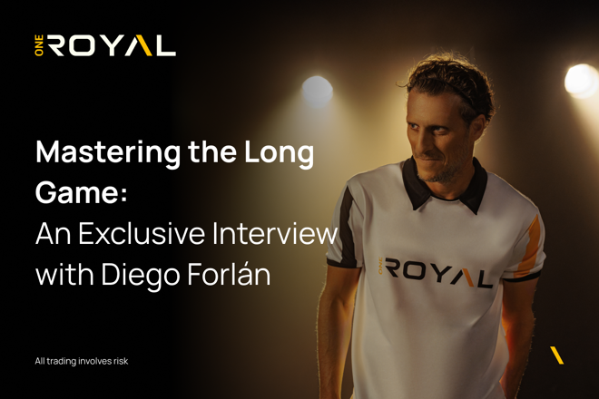 OneRoyal promotional image featuring Diego Forlán wearing a branded shirt for an exclusive interview titled “Mastering the Long Game.”