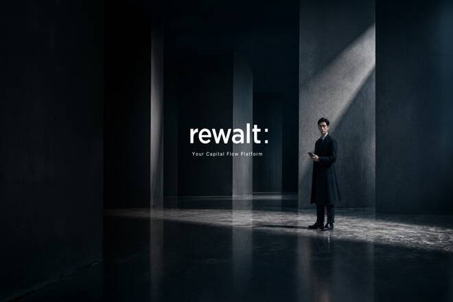 Man in a dark overcoat holding a smartphone in a brutalist concrete hall with the text "rewalt: Your Capital Flow Platform".