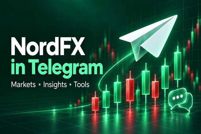 NordFX in Telegram announcement, close to a trading chart and Telegram's logo