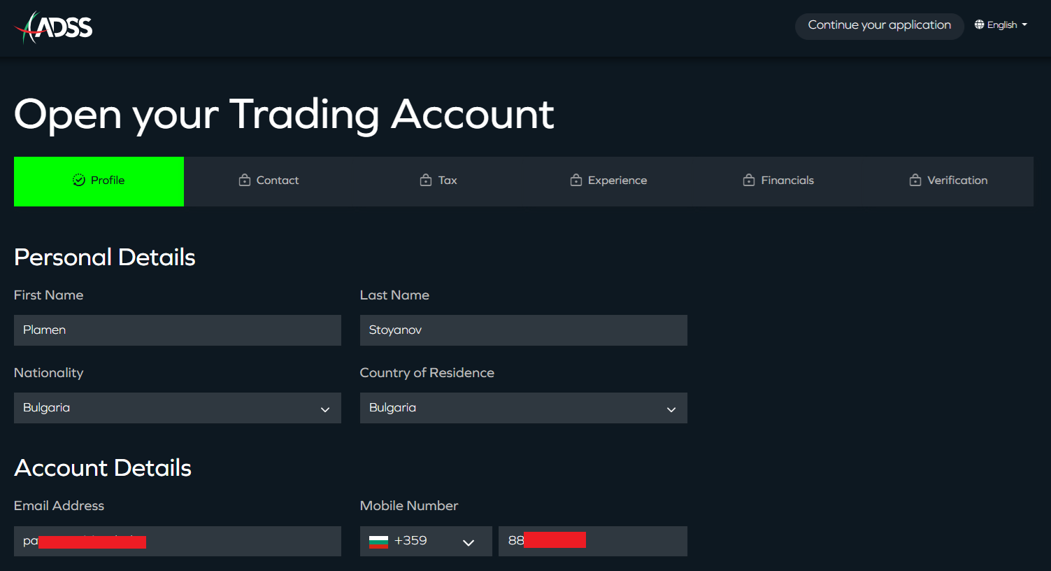 ADSS’s account registration form