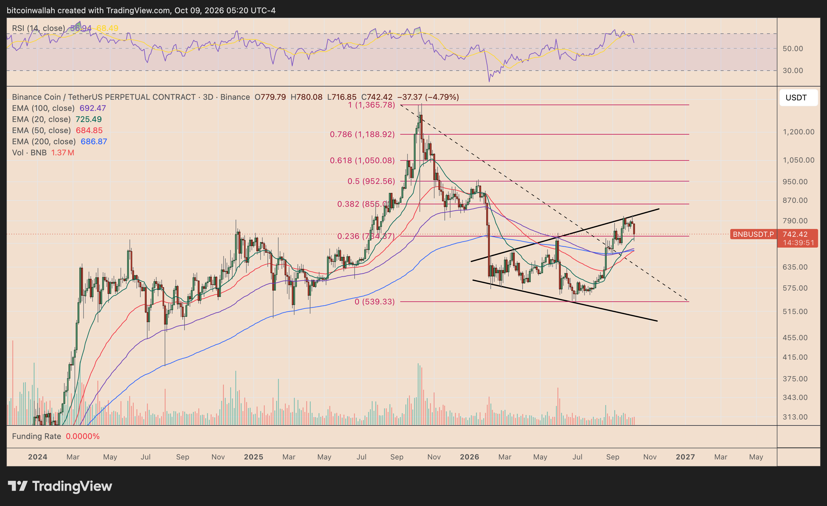 BNB's three-day price chart tracking the broadening wedge pattern