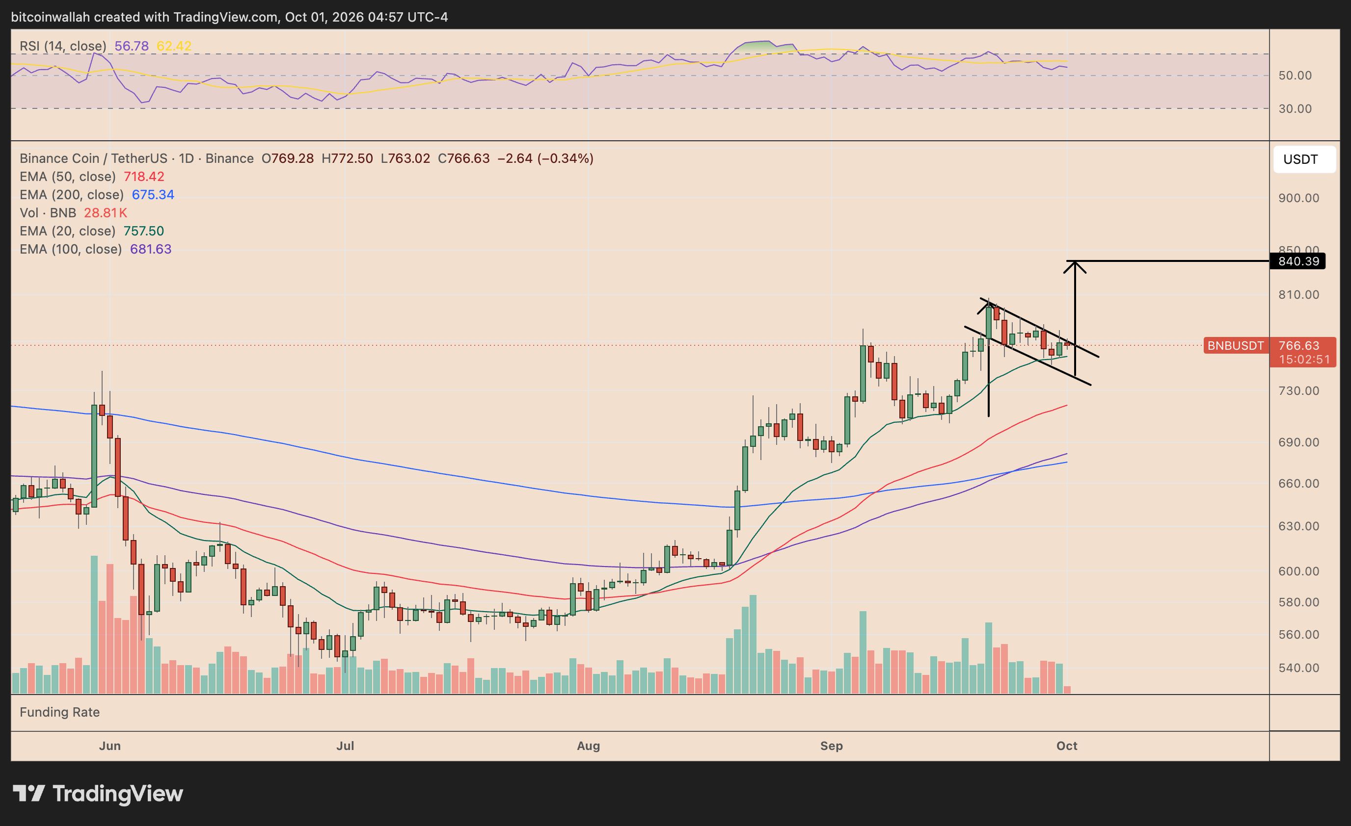 BNB's daily price chart tracking the bull flag pattern