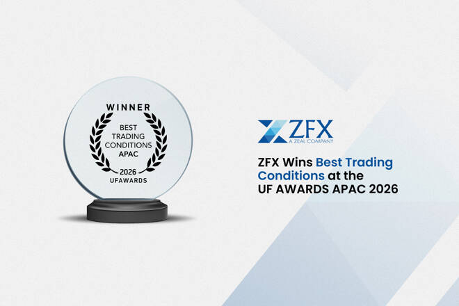 Circular glass award trophy set on a dark base alongside the ZFX logo, announcing ZFX as the winner of "Best Trading Conditions" at the UF AWARDS APAC 2026.