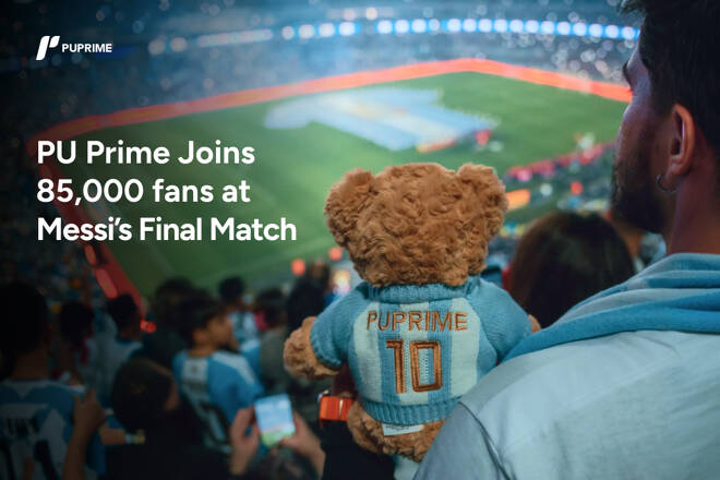 PU Prime logo, the label "PU Prime Joins 85,000 Fans at Messi’s Final Match" and an Argentine fan watching his national soccer team with a teddy bear named PU PRIME, wearing the number 10 on its back.