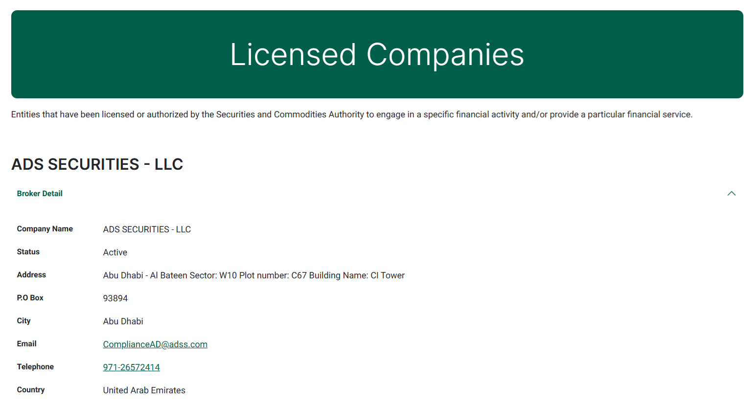 ADS Securities LLC’s licensing info at sca.gov.ae
