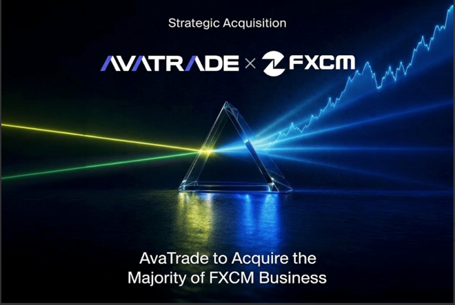 Strategic acquisition announcement graphic featuring AvaTrade and FXCM logos above a glass prism dispersing light beams and an ascending financial chart line, with text reading "AvaTrade to Acquire the Majority of FXCM Business".