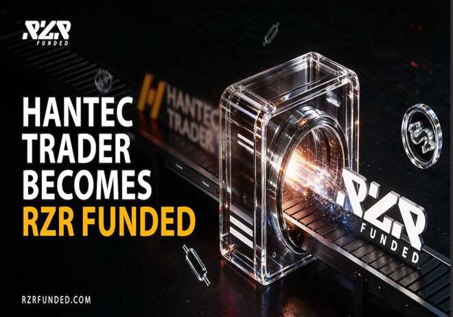 RZR Funded announces the rebranding of Hantec Trader to RZR Funded, featuring both brands' logos and a futuristic trading-themed illustration.