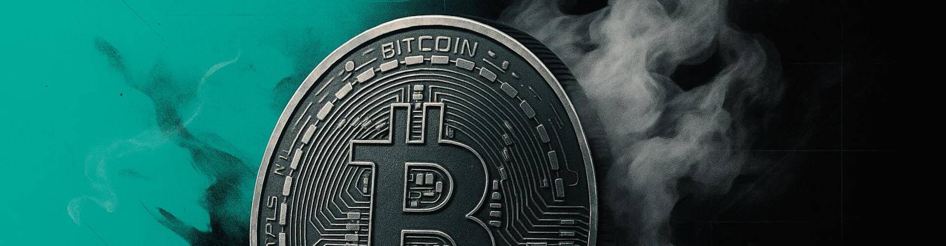 Bitcoin coin on a split teal and black background with smoke