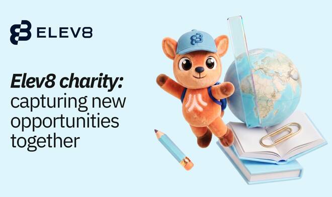Elev8 logo and the text "Elev8 charity: capturing new opportunities together" next to a cartoon deer mascot wearing a blue cap and backpack, floating beside school supplies and a globe.
