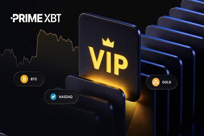 PrimeXBT VIP trading program promotional graphic featuring a gold VIP emblem, market chart, and Bitcoin, Nasdaq, and gold trading symbols.