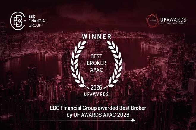 EBC Financial Group wins Best Broker APAC 2026 at the UF Awards, with a white award laurel over a red-tinted Hong Kong skyline.
