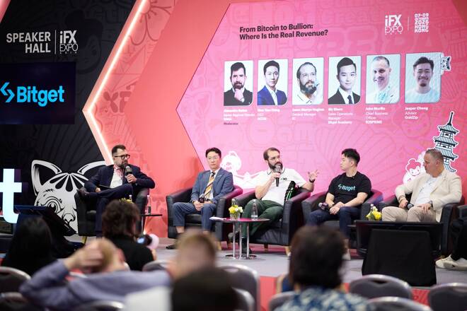 Panelists Won Tien Ching, Jason Martyn Hughes, Sly Shum, John Murillo, and Jesper Cheng, with moderator Alexandru Badea, at the “From Bitcoin to Bullion” discussion during iFX EXPO Asia 2026 in Hong Kong.