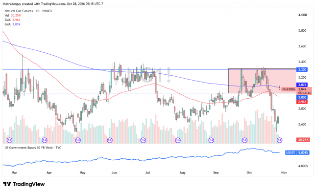 Daily natural gas futures chart showing a rebound toward $2.65 after a sharp decline, with resistance at $3.00 and $3.30.