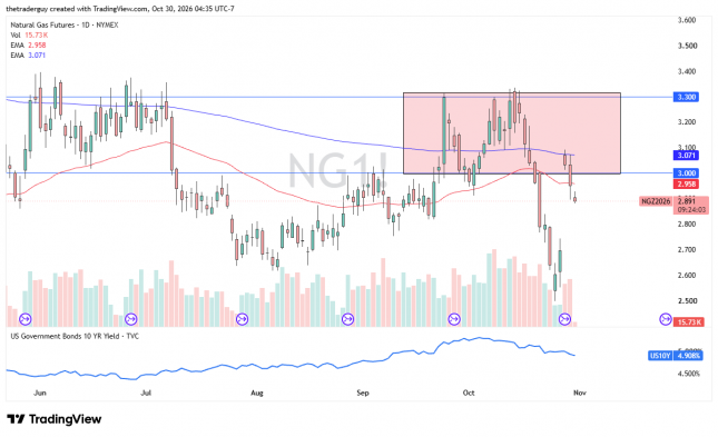 Natural gas futures daily chart showing prices falling to $2.891, below $3.00 support and both moving averages.
