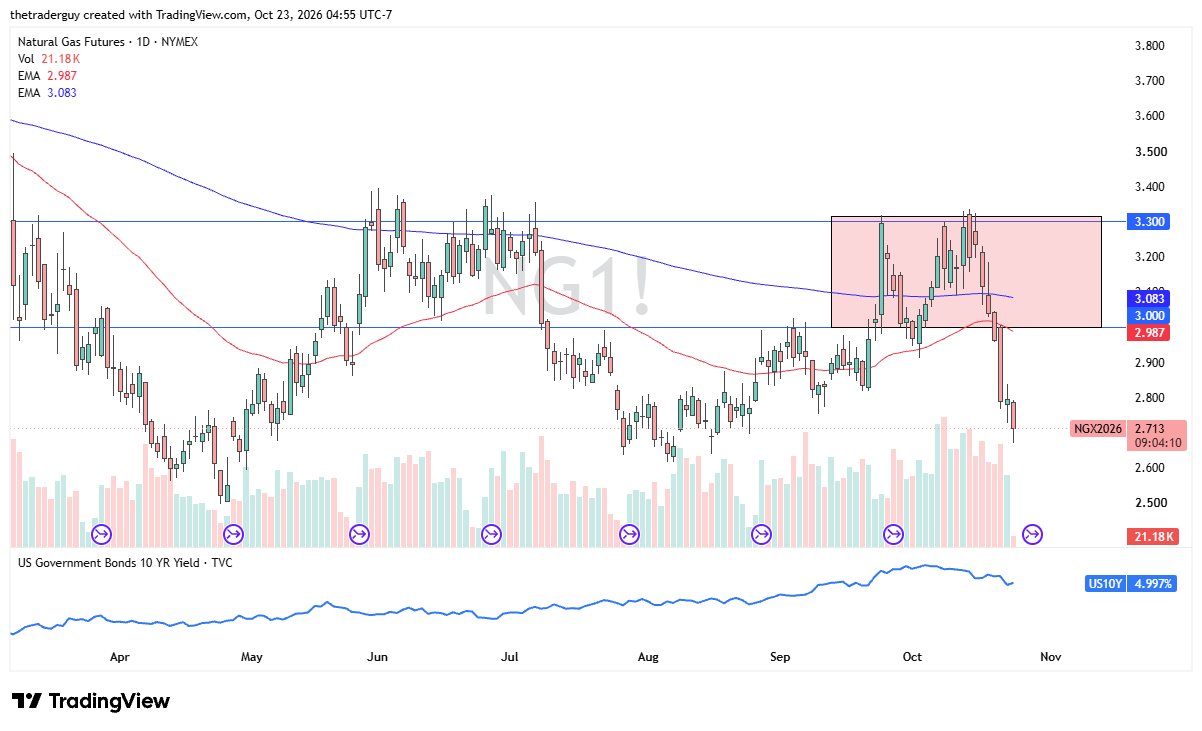 Daily natural gas futures chart showing prices falling to 2.713, below support at 3.000 and the moving average at 2.987.