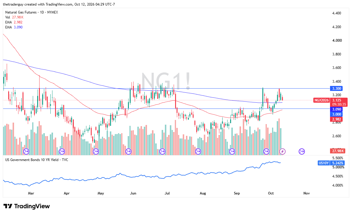 Daily candlestick chart of Natural Gas Futures on TradingView showing price at 3.125, trading between the 3.300 resistance and 3.000 support levels, above EMAs of 2.982 and 3.090.