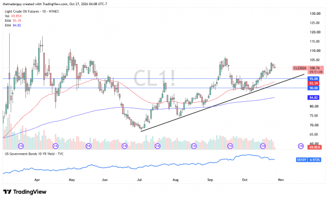 WTI crude oil daily chart showing prices near $100.74, above support at $95 and $90.