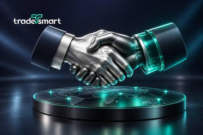 TradeSmart illustration showing a metallic handshake between two robotic hands above a glowing digital world map, symbolizing global trading partnerships and financial connectivity.
