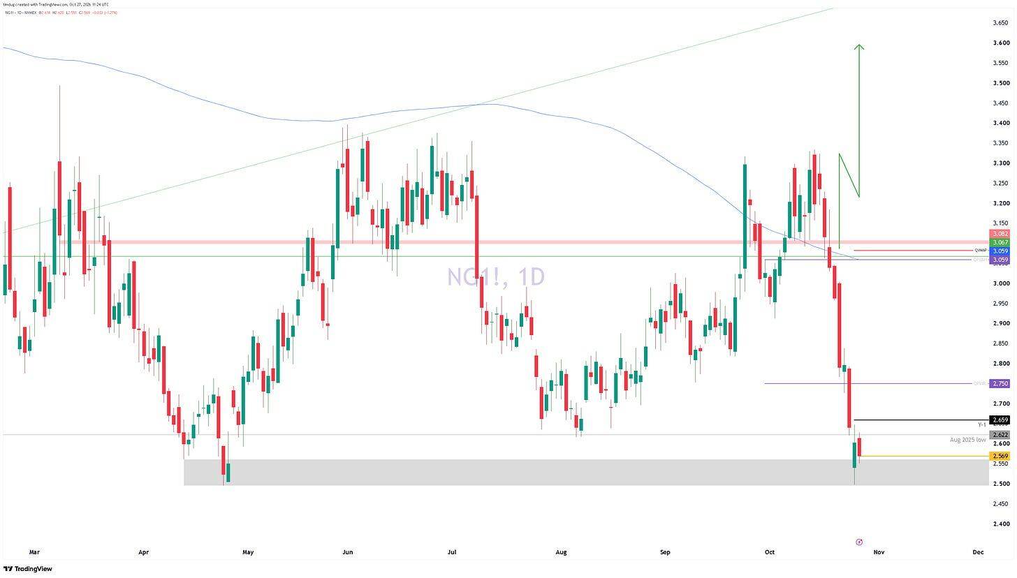 TradingView candlestick chart of natural gas futures prices with technical indicators, support and resistance levels, trendlines, and price projections.