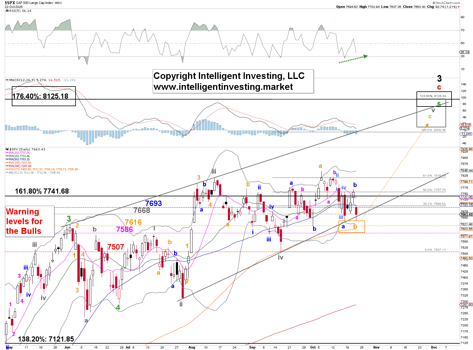 Figure 1: S&P 500 daily chart with our bullish Elliott wave count and several technical indicators.