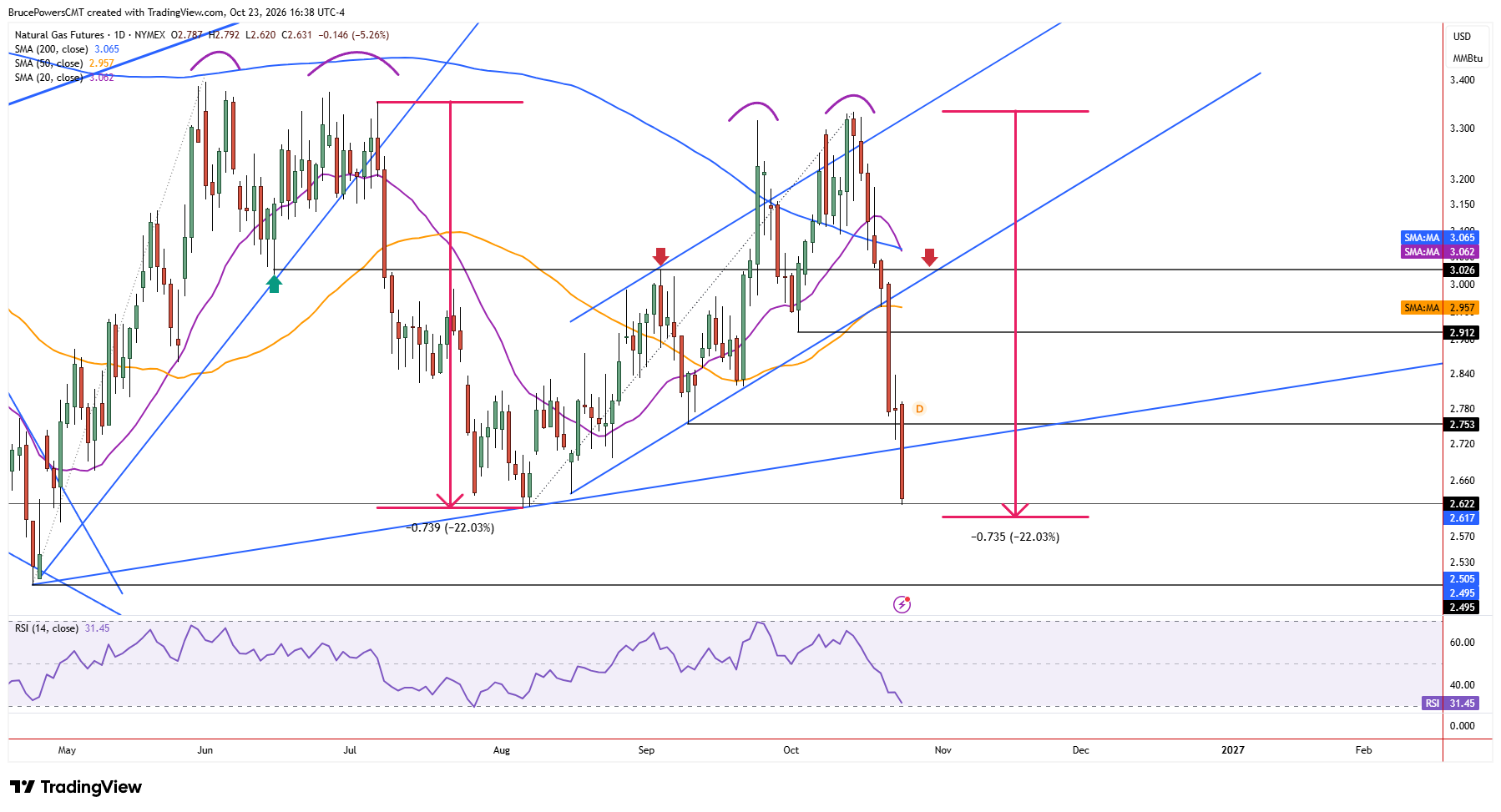 Natural gas futures daily chart shows sharp decline