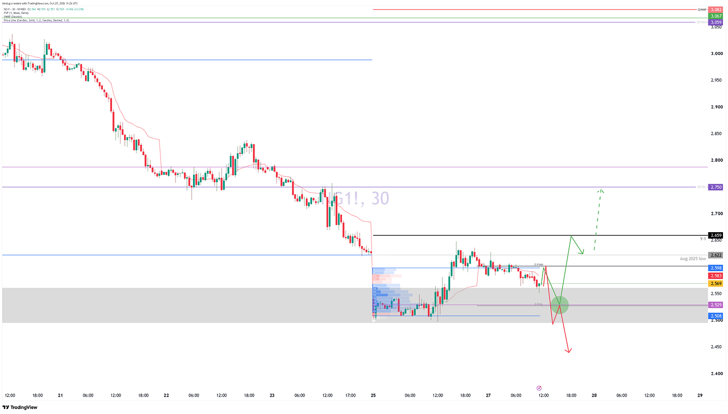 TradingView candlestick chart of natural gas futures prices featuring technical indicators, volume profile, support and resistance levels, and projected price movements.