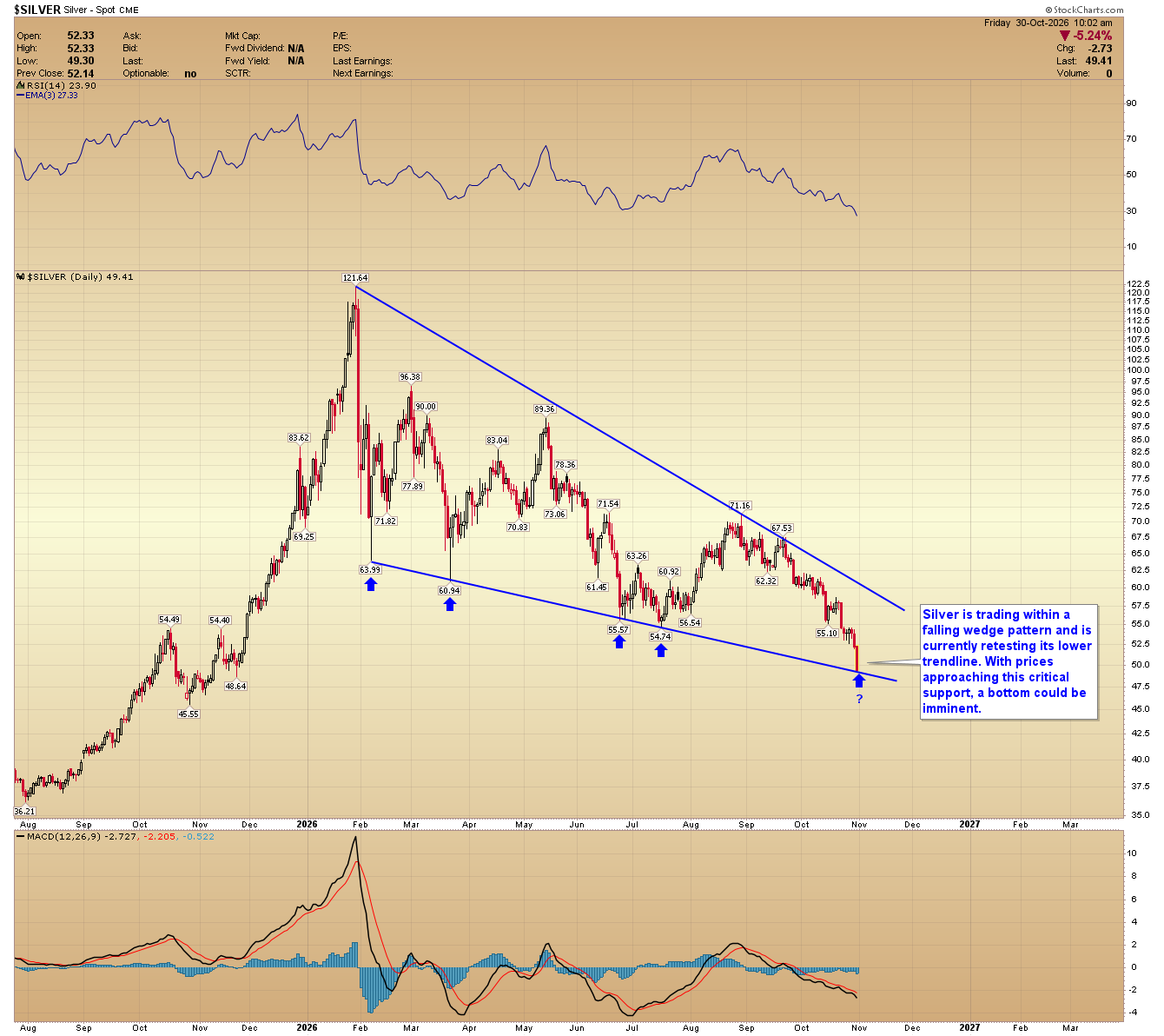 Silver daily chart showing prices near $49.41, testing the lower boundary of a falling wedge pattern, with RSI and MACD indicators.