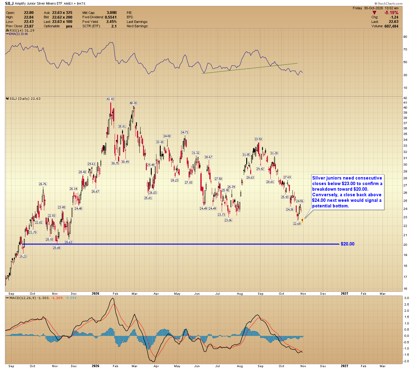 SILJ Amplify Junior Silver Miners ETF daily chart showing prices at $22.63, with support at $20 and RSI and MACD indicators.