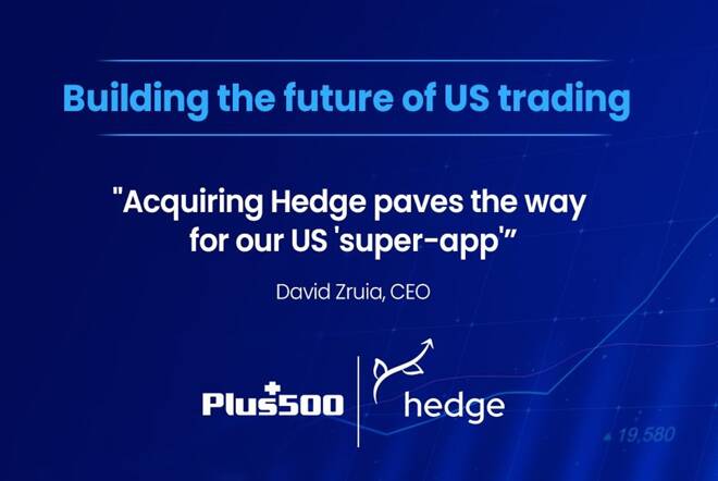 Plus500 acquisition of Hedge to build a US trading super-app, featuring CEO David Zruia’s statement and both company logos.