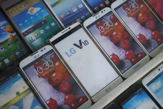 Mock old version LG Electronics' smartphones are displayed at a