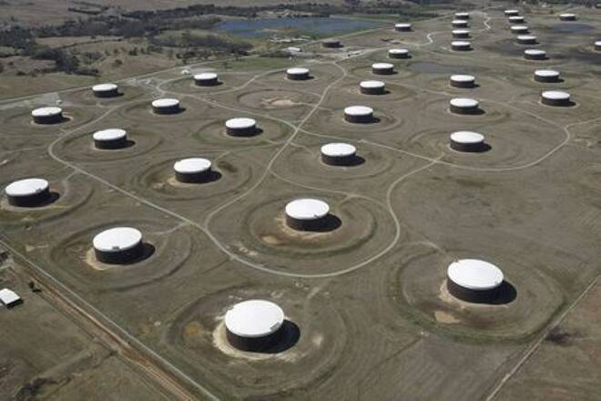 Crude oil storage tanks are seen from above