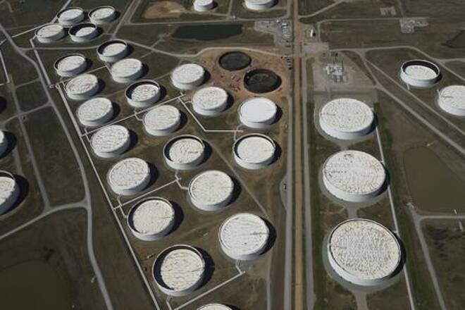 Crude oil storage tanks are seen from above