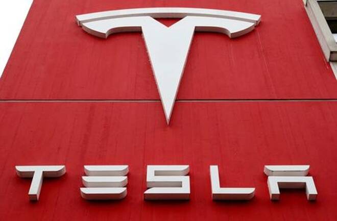 The logo of car manufacturer Tesla is seen