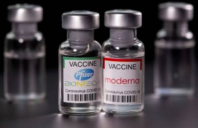 Picture illustration of vials with Pfizer-BioNTech and Moderna