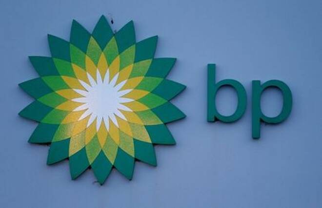 A sign is seen outside BP's North Sea