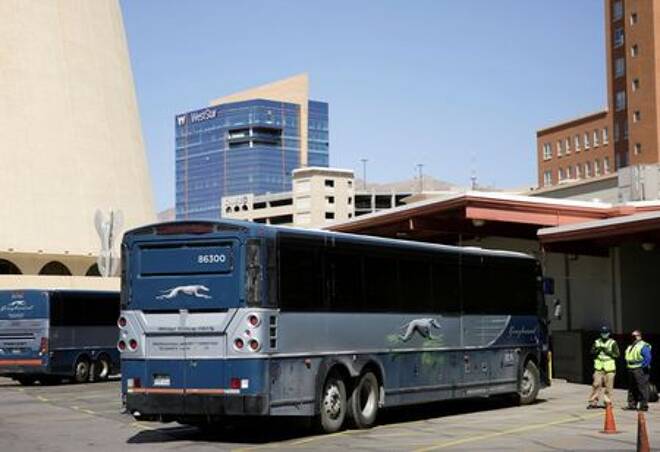Buses are parked at the Greyhound bus station,