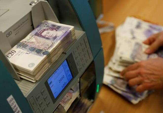 British Pound Sterling banknotes are seen in a counter machine at the Money Service Austria company's headquarters in Vienna