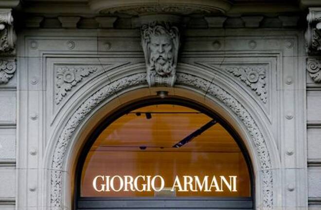 The logo of Italian fashion company Giorgio Armani