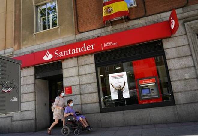 View of Santander financial agency branch in Madrid