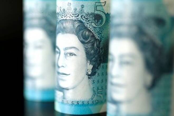 British five pound banknotes are seen in this