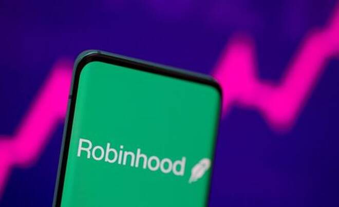 Robinhood logo is seen on a smartphone in