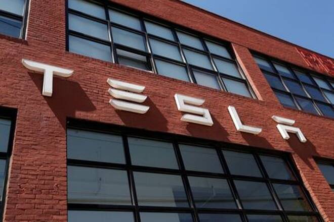 FILE PHOTO: The TESLA logo is seen outside a dealership in the Brooklyn borough of New York City