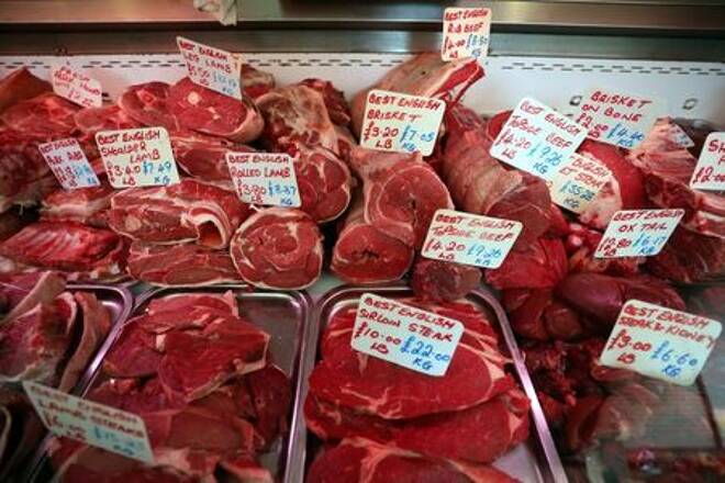 FILE PHOTO: Fresh meat is displayed for sale in a butchers meat counter in Great Yarmouth
