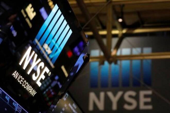 Signage is seen on the trading floor at the New York Stock Exchange (NYSE) in Manhattan, New York City